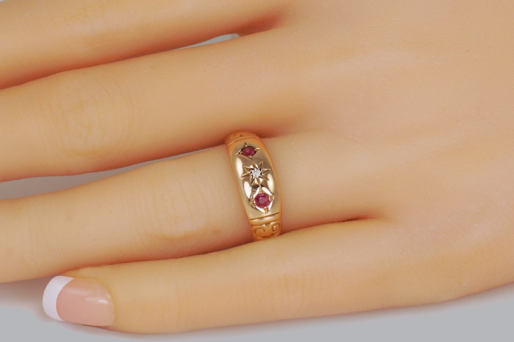 Antique 15ct Gold Ruby & Diamond Gypsy Ring Victorian Trilogy Ring Circa 1890 View VII