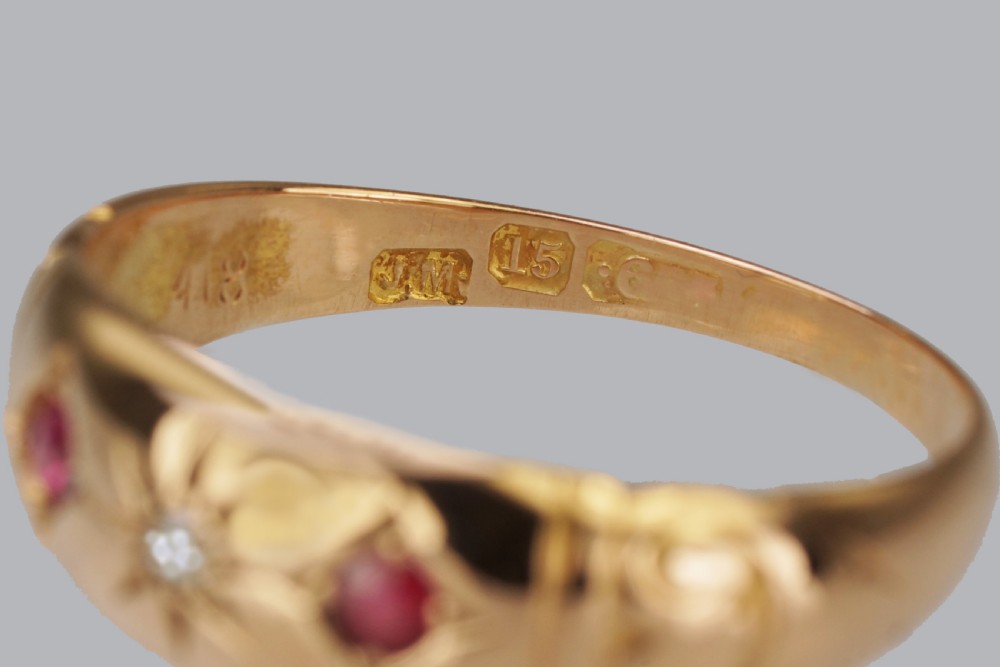 Antique 15ct Gold Ruby & Diamond Gypsy Ring Victorian Trilogy Ring Circa 1890 View IX