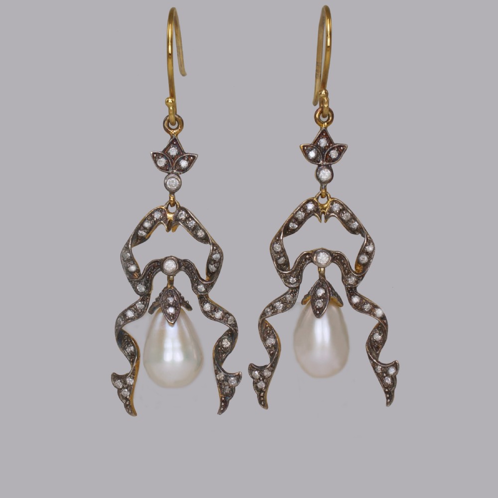 Vintage Pearl & Diamond Dangle 18ct Gold & Silver Victorian Style Drop Earrings