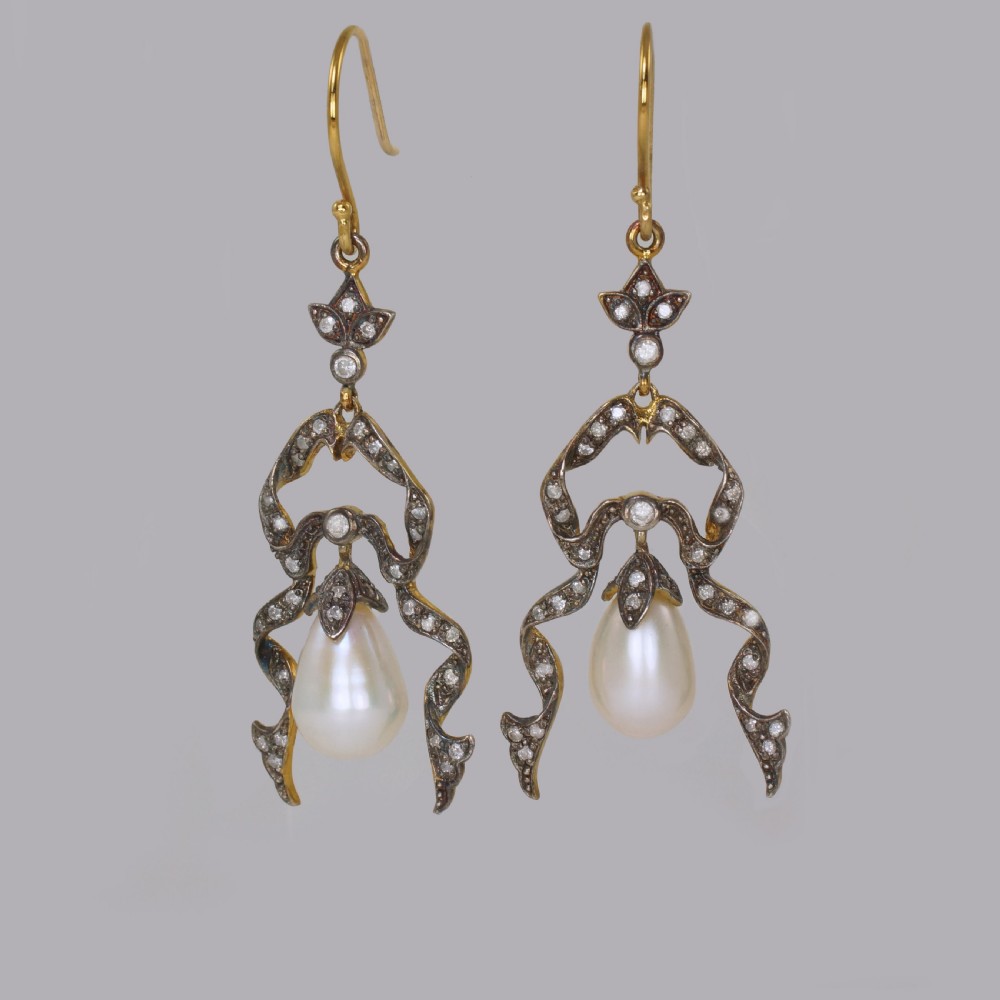 Vintage Pearl & Diamond Dangle 18ct Gold & Silver Victorian Style Drop Earrings View II