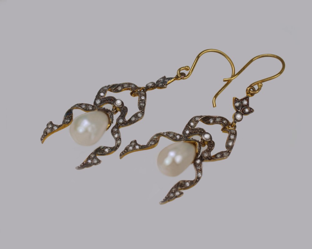 Vintage Pearl & Diamond Dangle 18ct Gold & Silver Victorian Style Drop Earrings View III