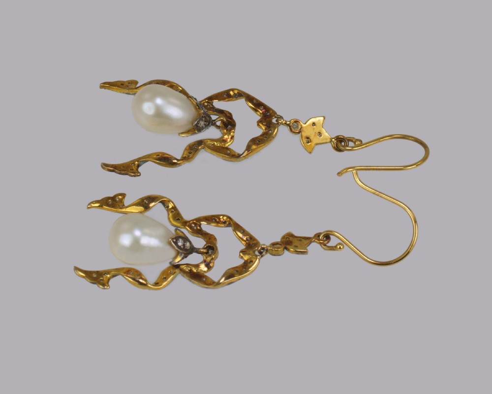 Vintage Pearl & Diamond Dangle 18ct Gold & Silver Victorian Style Drop Earrings View IV