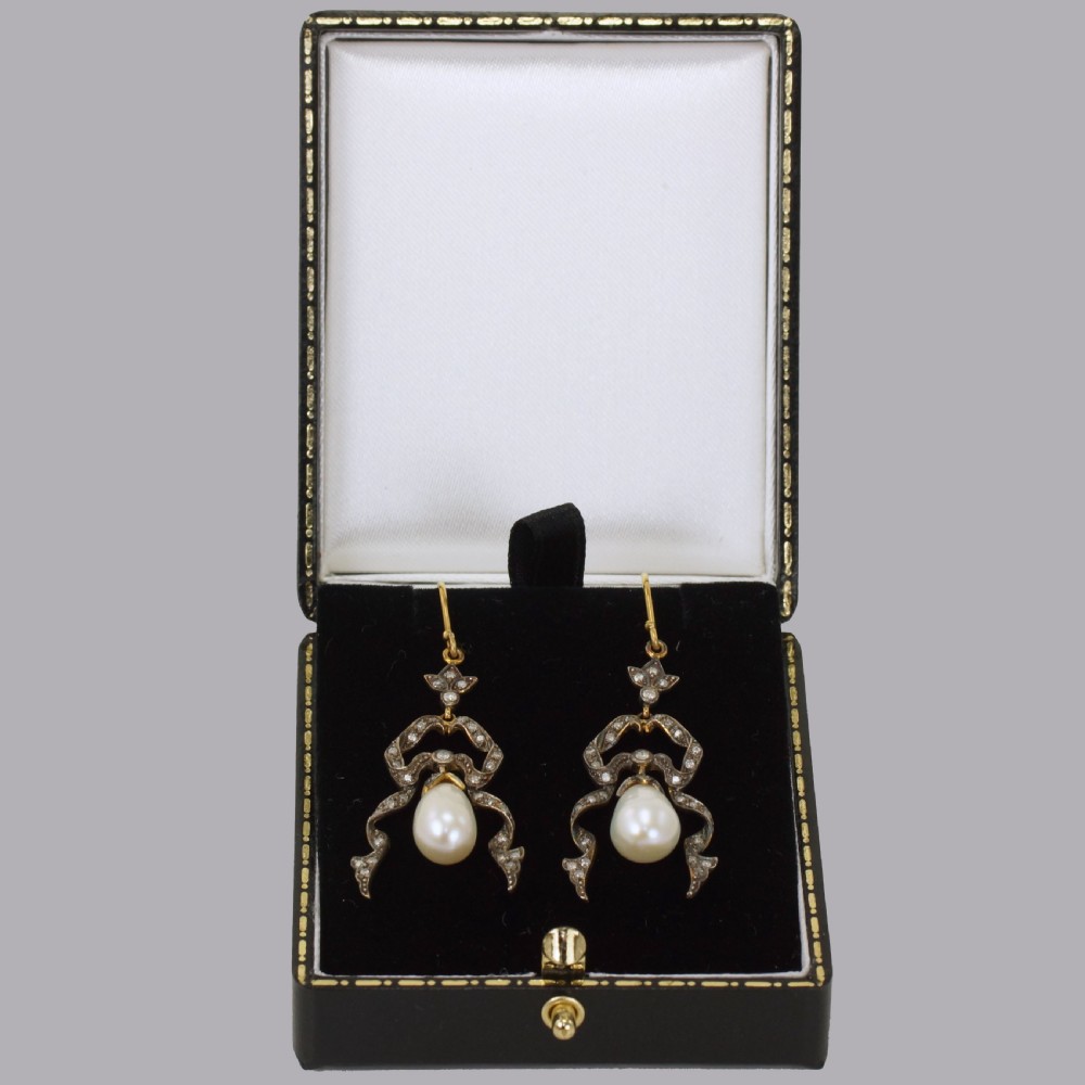 Vintage Pearl & Diamond Dangle 18ct Gold & Silver Victorian Style Drop Earrings View V