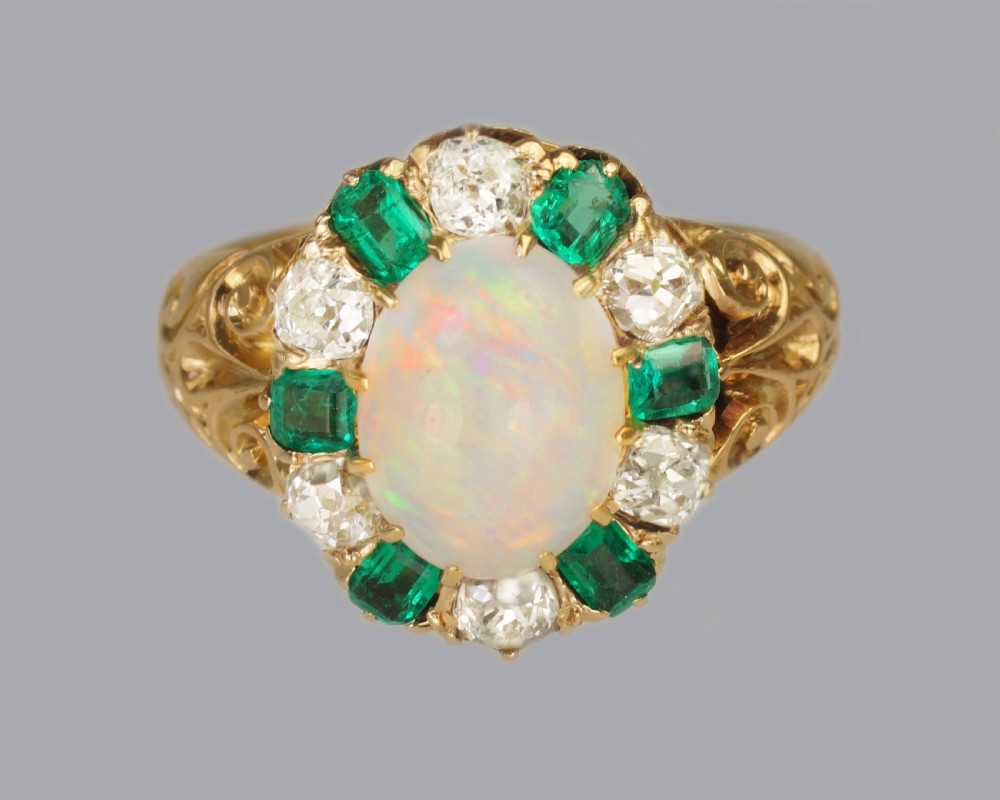 Victorian Opal, Emerald & Old Cut Diamond 18ct Gold Cluster Ring Hallmarked 1881 