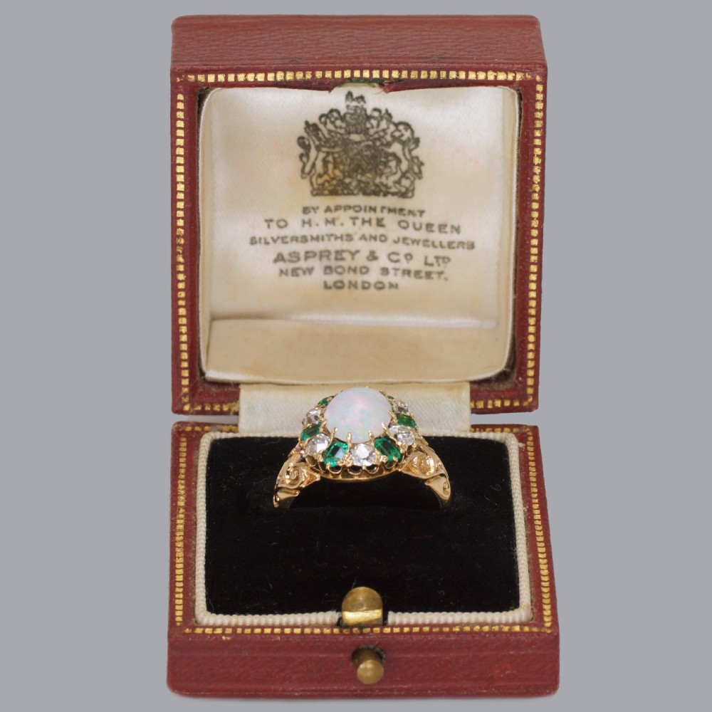 Victorian Opal, Emerald & Old Cut Diamond 18ct Gold Cluster Ring Hallmarked 1881  View II