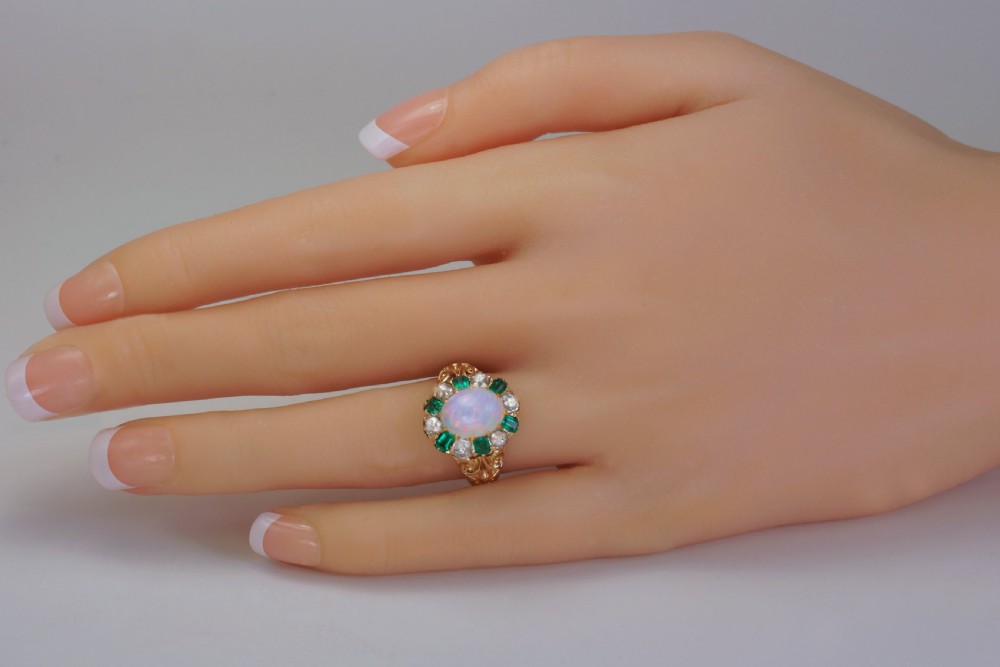 Victorian Opal, Emerald & Old Cut Diamond 18ct Gold Cluster Ring Hallmarked 1881  View III
