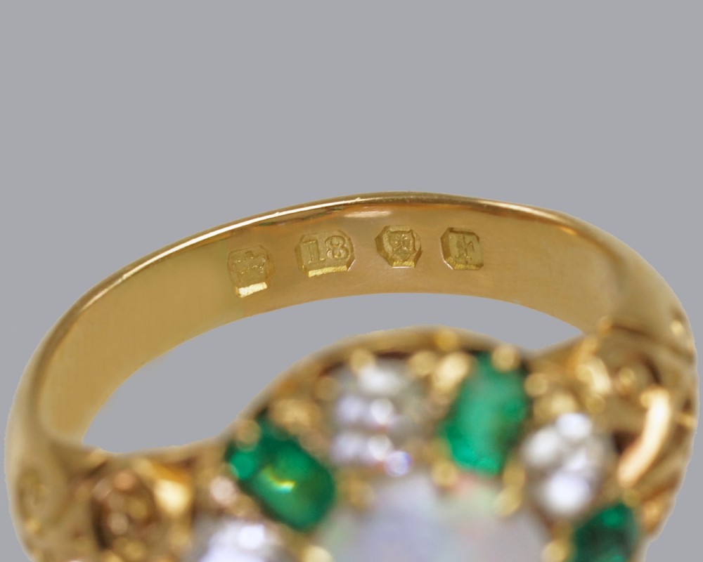 Victorian Opal, Emerald & Old Cut Diamond 18ct Gold Cluster Ring Hallmarked 1881  View VI