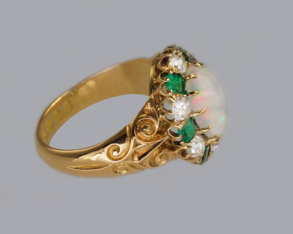 Victorian Opal, Emerald & Old Cut Diamond 18ct Gold Cluster Ring Hallmarked 1881  View VII