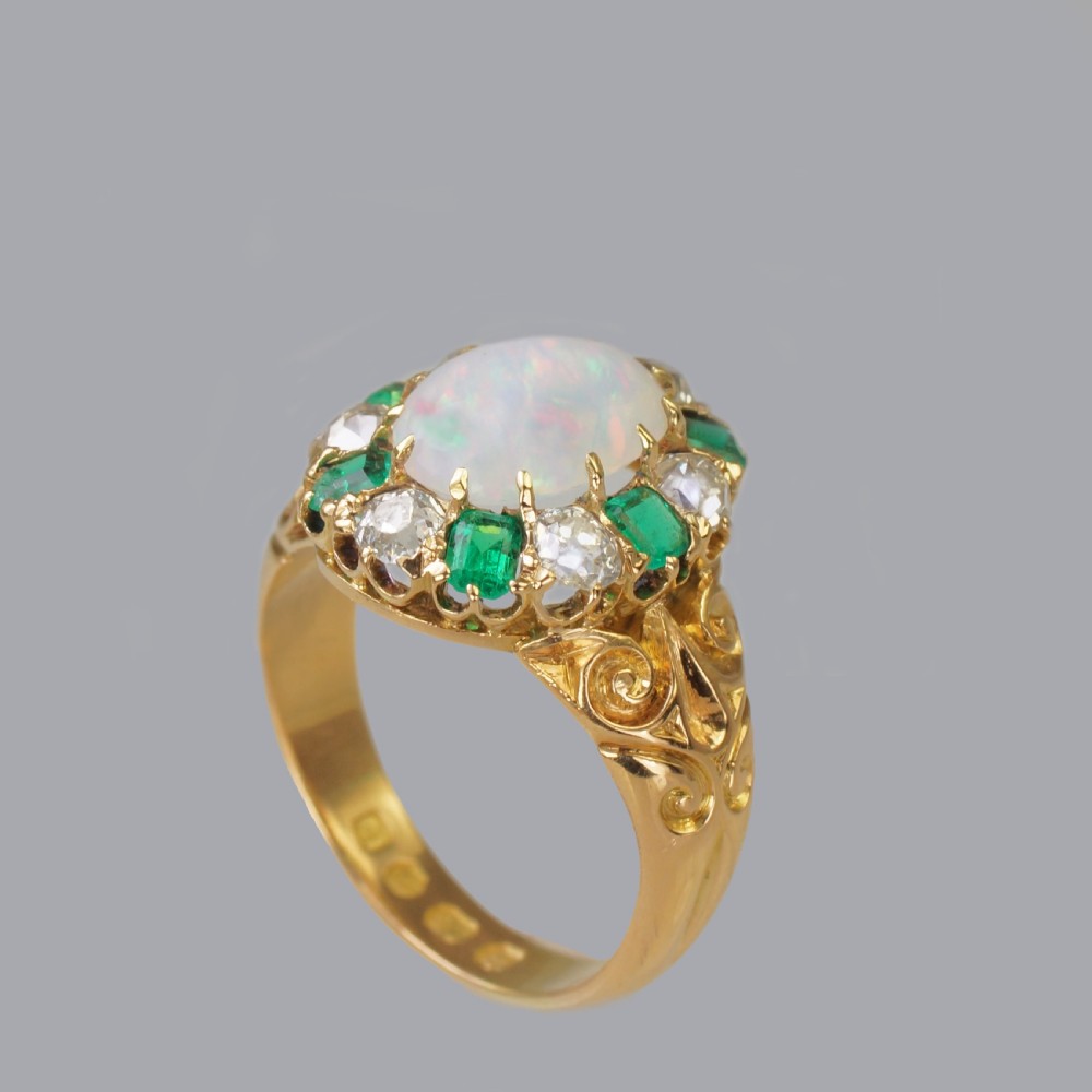 Victorian Opal, Emerald & Old Cut Diamond 18ct Gold Cluster Ring Hallmarked 1881  View VIII