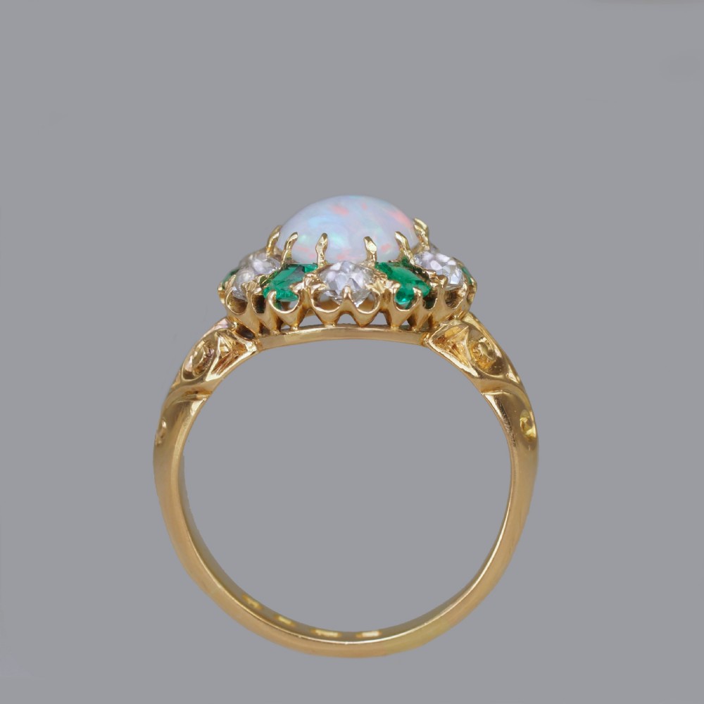 Victorian Opal, Emerald & Old Cut Diamond 18ct Gold Cluster Ring Hallmarked 1881  View IX