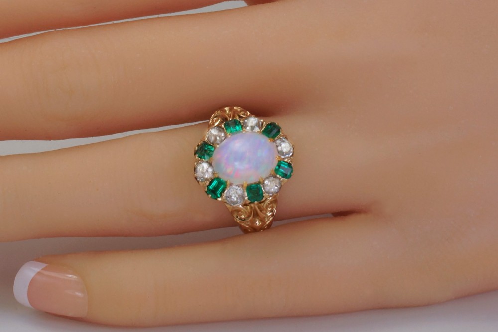 Victorian Opal, Emerald & Old Cut Diamond 18ct Gold Cluster Ring Hallmarked 1881  View X