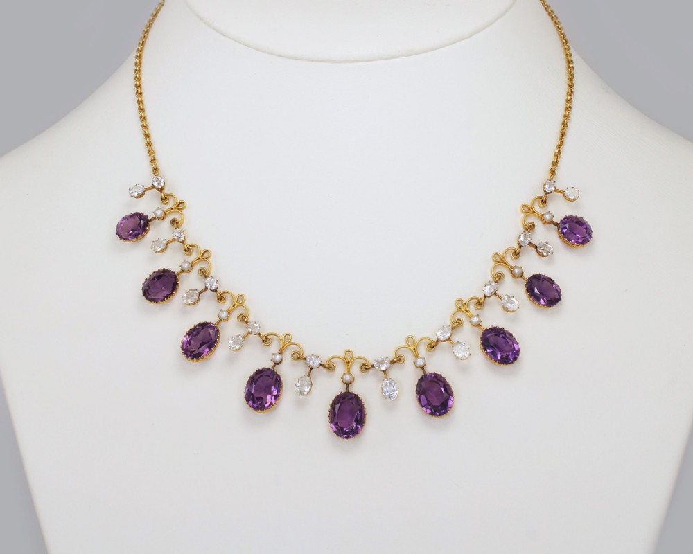 Victorian Amethyst Goshenite & Pearl 15ct Gold Antique Garland Necklace With Original presentation Box