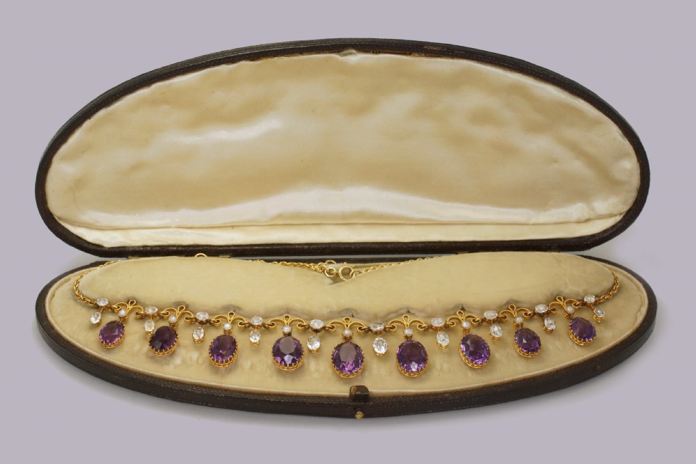 Victorian Amethyst Goshenite & Pearl 15ct Gold Antique Garland Necklace With Original presentation Box View II