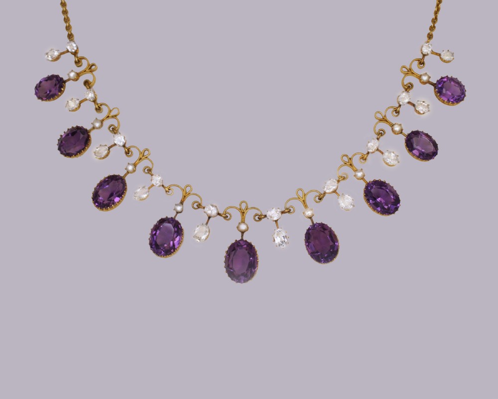 Victorian Amethyst Goshenite & Pearl 15ct Gold Antique Garland Necklace With Original presentation Box View III