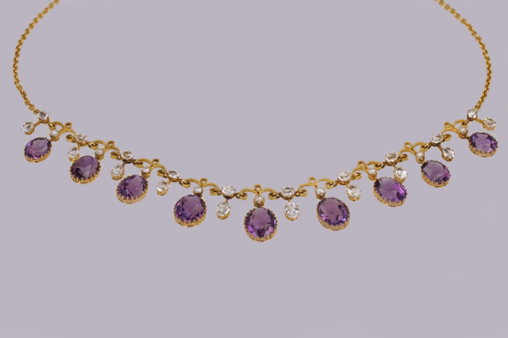 Victorian Amethyst Goshenite & Pearl 15ct Gold Antique Garland Necklace With Original presentation Box View IV