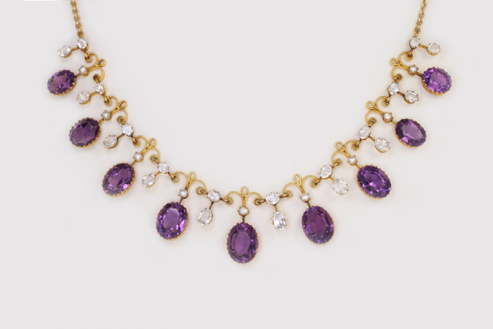 Victorian Amethyst Goshenite & Pearl 15ct Gold Antique Garland Necklace With Original presentation Box View VIII