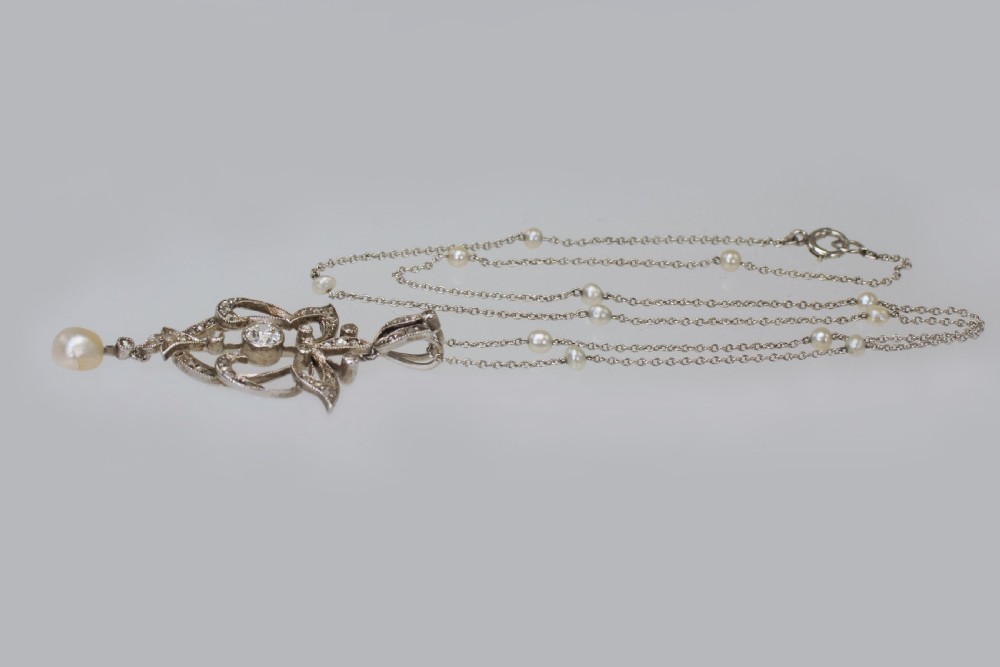 Edwardian Diamond & Pearl Lavaliere Pendant Platinum Antique Art Nouveau Necklace  View II