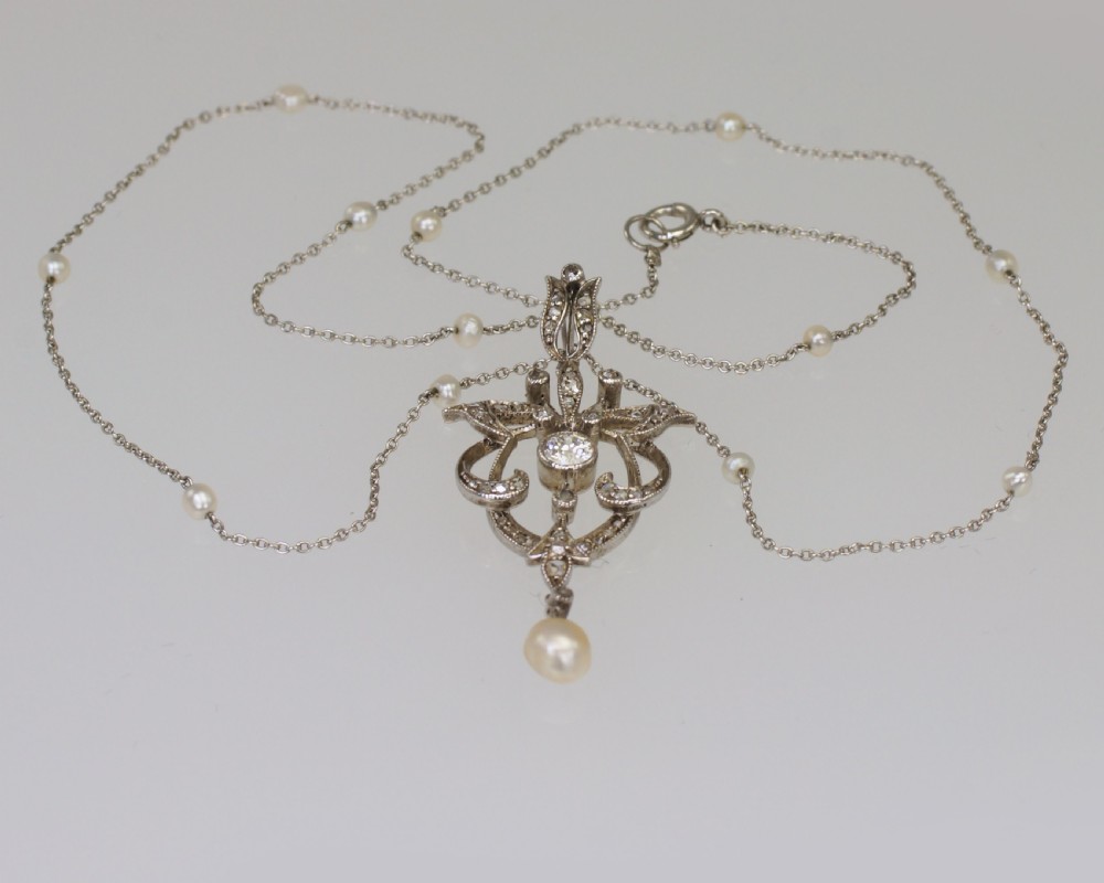 Edwardian Diamond & Pearl Lavaliere Pendant Platinum Antique Art Nouveau Necklace  View III
