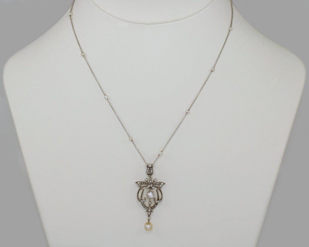Edwardian Diamond & Pearl Lavaliere Pendant Platinum Antique Art Nouveau Necklace  View IV