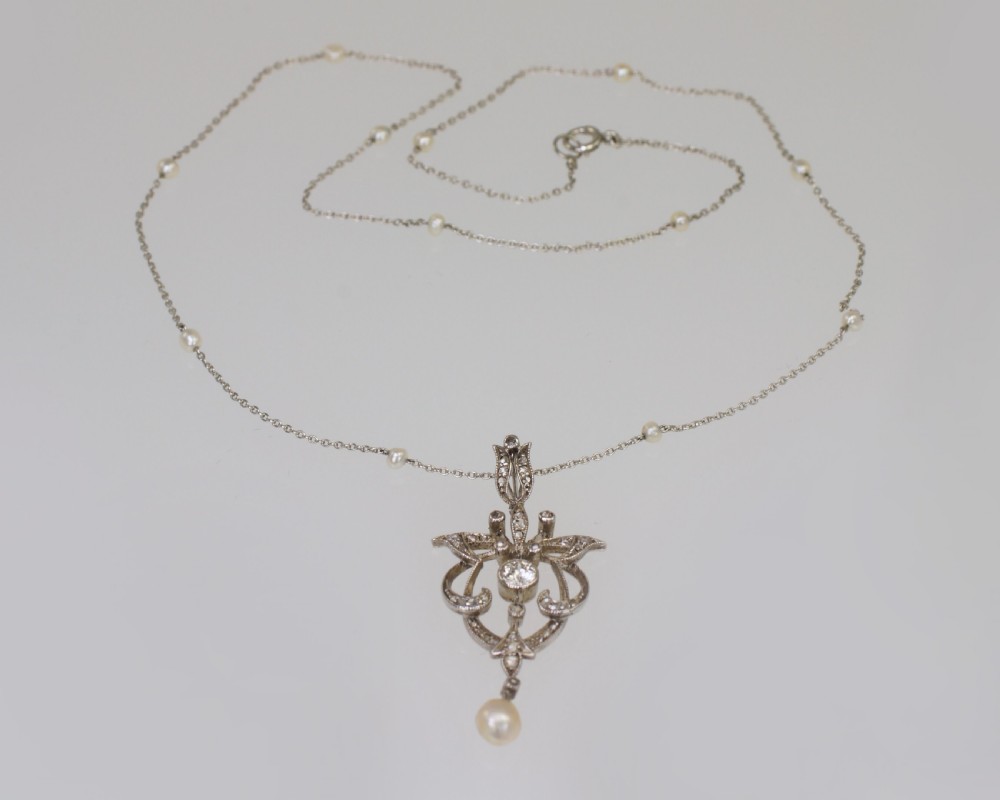 Edwardian Diamond & Pearl Lavaliere Pendant Platinum Antique Art Nouveau Necklace  View V