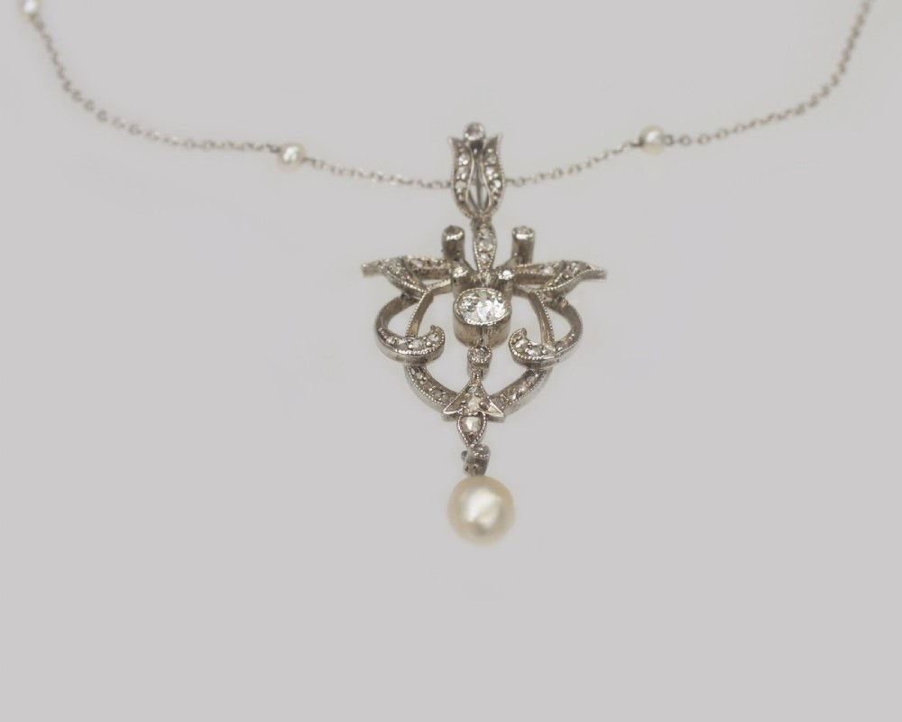 Edwardian Diamond & Pearl Lavaliere Pendant Platinum Antique Art Nouveau Necklace  View VI