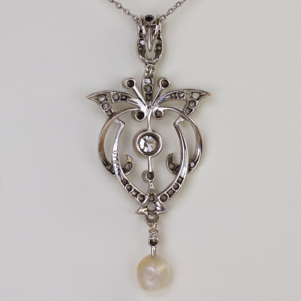 Edwardian Diamond & Pearl Lavaliere Pendant Platinum Antique Art Nouveau Necklace  View VII