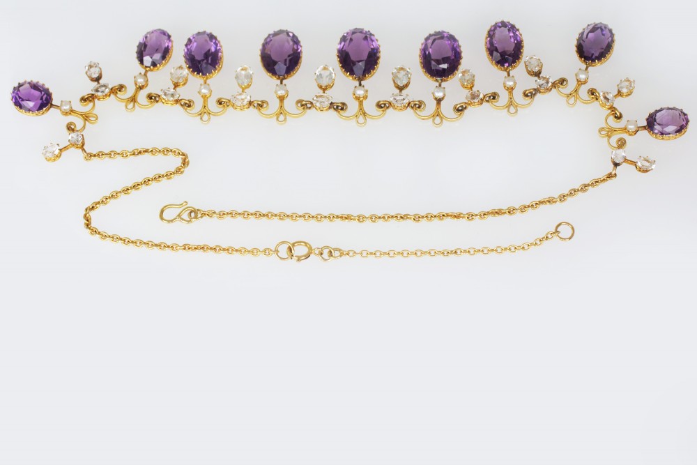 Victorian Amethyst Goshenite & Pearl 15ct Gold Antique Garland Necklace With Original presentation Box View X