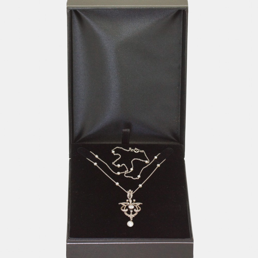 Edwardian Diamond & Pearl Lavaliere Pendant Platinum Antique Art Nouveau Necklace  View VIII
