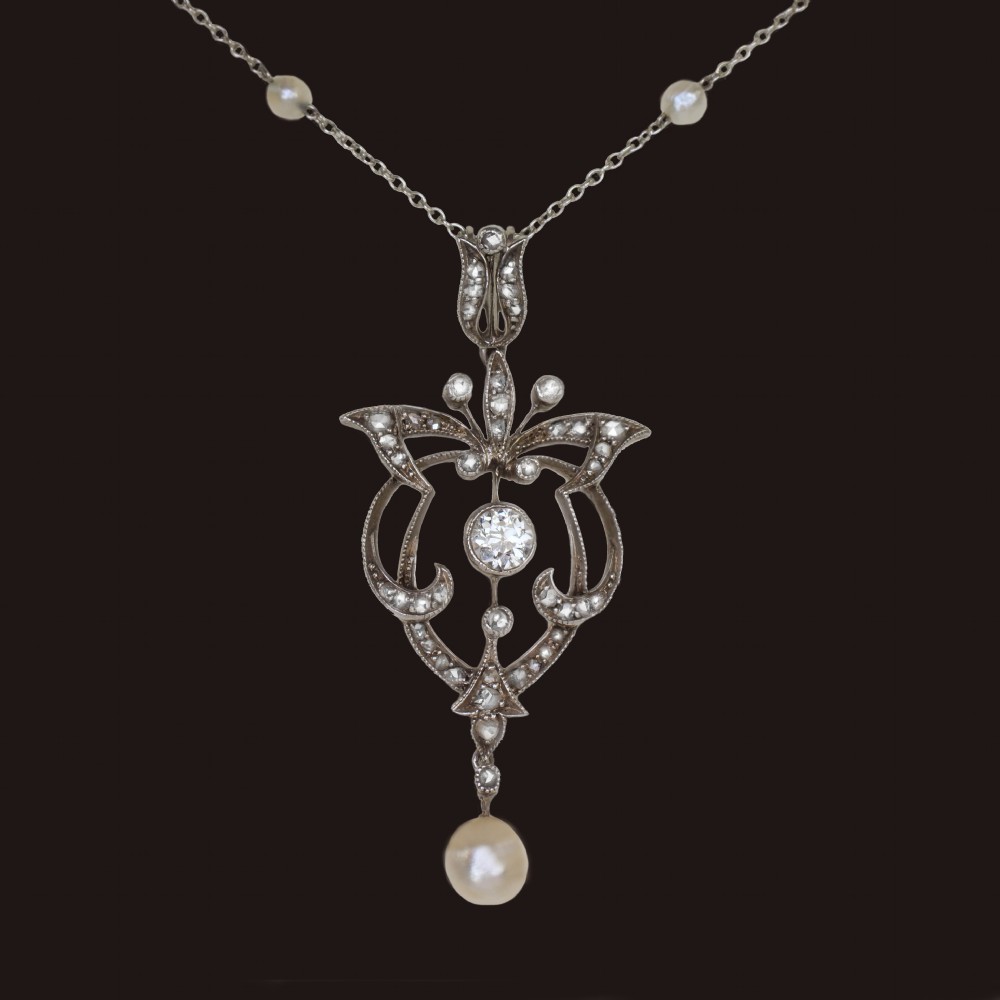 Edwardian Diamond & Pearl Lavaliere Pendant Platinum Antique Art Nouveau Necklace  View IX