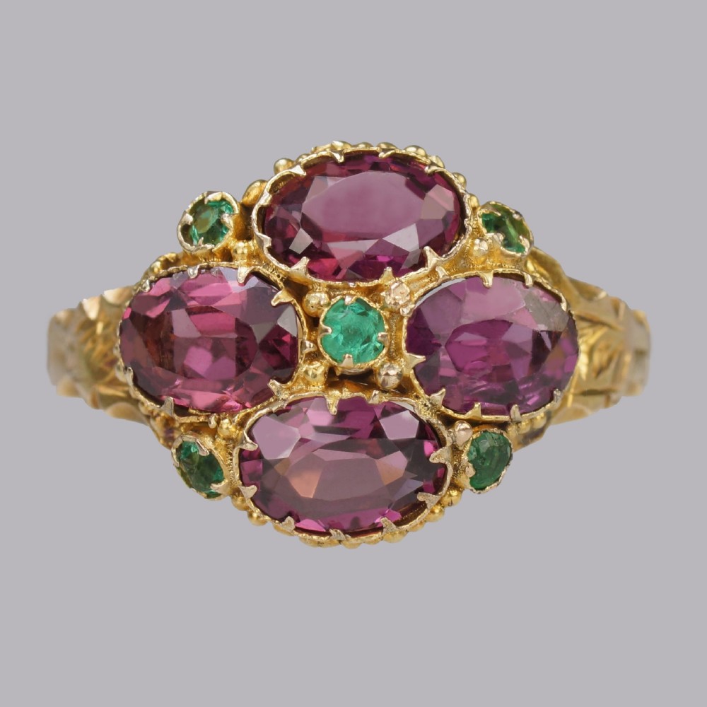 Victorian Garnet & Emerald Antique Ring Hallmarked 12ct Gold Birmingham 1869
