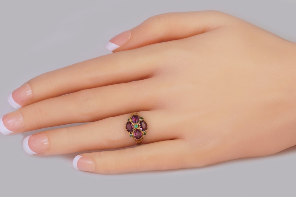 Victorian Garnet & Emerald Antique Ring Hallmarked 12ct Gold Birmingham 1869 View II