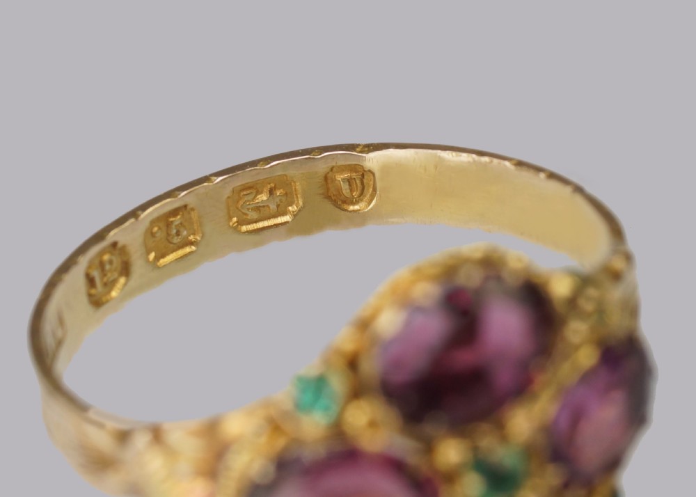 Victorian Garnet & Emerald Antique Ring Hallmarked 12ct Gold Birmingham 1869 View III
