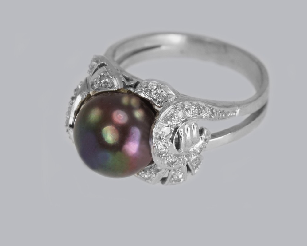 Tahitian Pearl & Diamond Ring 18ct Gold 1960's Black Pearl Cocktail Ring View IV