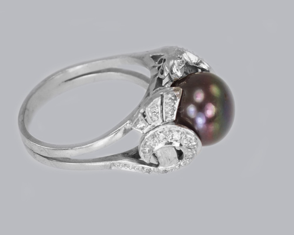 Tahitian Pearl & Diamond Ring 18ct Gold 1960's Black Pearl Cocktail Ring View V
