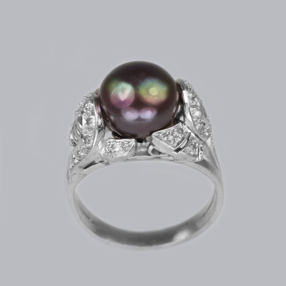 Tahitian Pearl & Diamond Ring 18ct Gold 1960's Black Pearl Cocktail Ring View VI