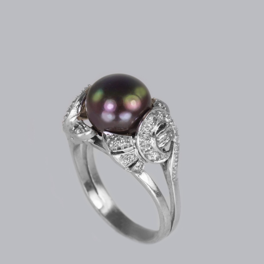 Tahitian Pearl & Diamond Ring 18ct Gold 1960's Black Pearl Cocktail Ring View VIII