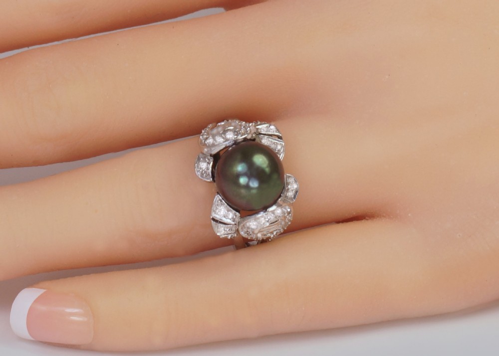 Tahitian Pearl & Diamond Ring 18ct Gold 1960's Black Pearl Cocktail Ring View IX