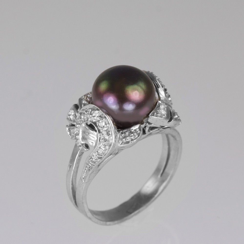Tahitian Pearl & Diamond Ring 18ct Gold 1960's Black Pearl Cocktail Ring View X