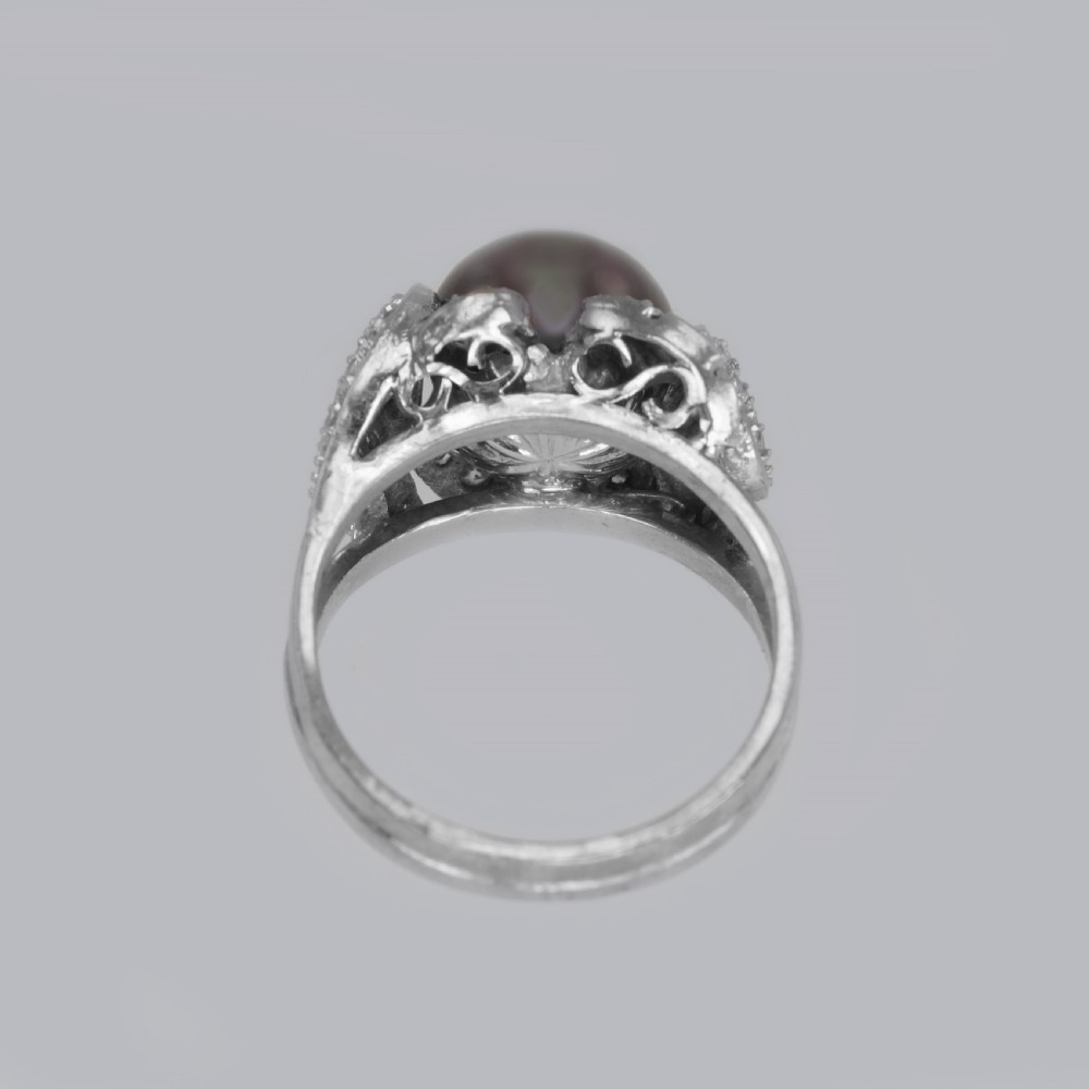 Tahitian Pearl & Diamond Ring 18ct Gold 1960's Black Pearl Cocktail Ring View XI