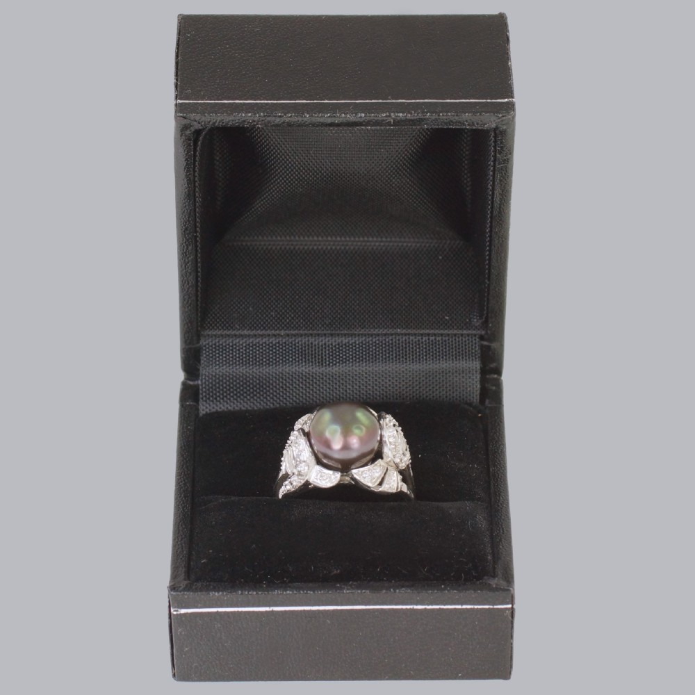 Tahitian Pearl & Diamond Ring 18ct Gold 1960's Black Pearl Cocktail Ring View XIII