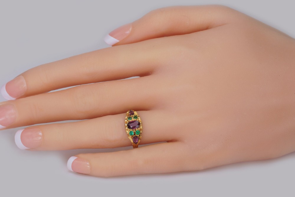 Victorian Garnet & Emerald English Ornate 12ct Gold Antique Ring Hallmarked 1873 View II