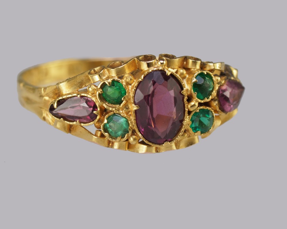Victorian Garnet & Emerald English Ornate 12ct Gold Antique Ring Hallmarked 1873 View V