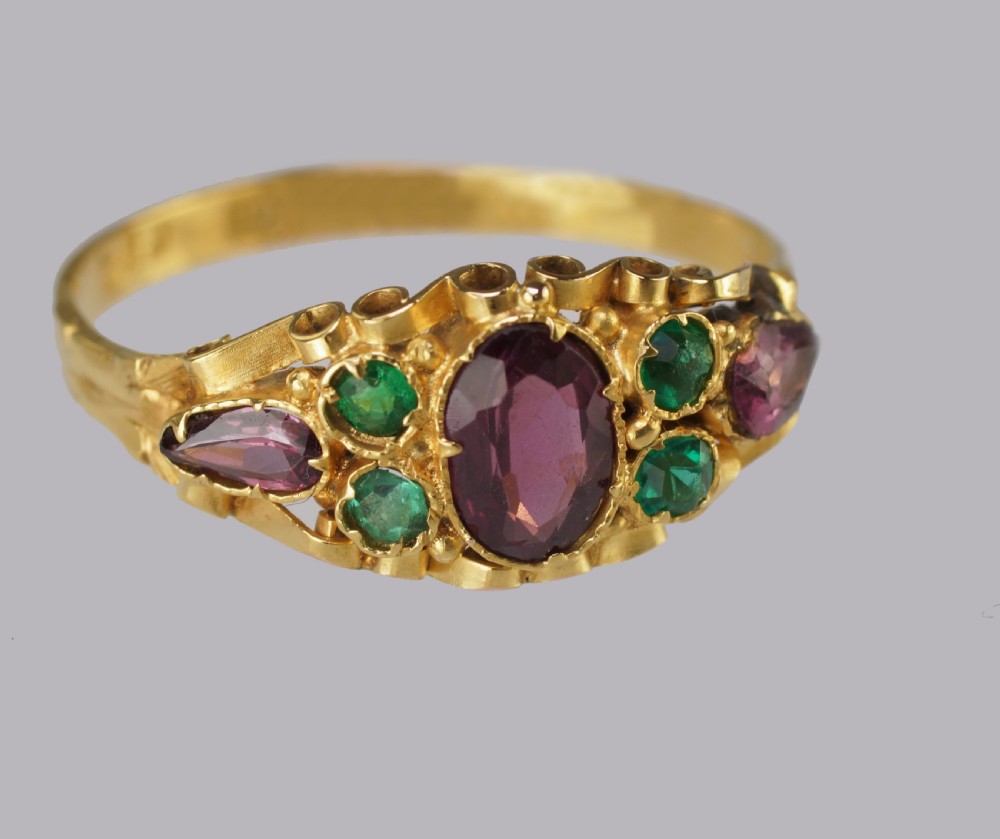 Victorian Garnet & Emerald English Ornate 12ct Gold Antique Ring Hallmarked 1873 View VI