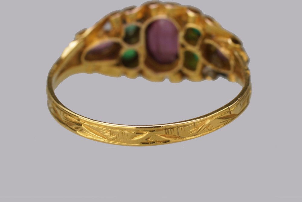 Victorian Garnet & Emerald English Ornate 12ct Gold Antique Ring Hallmarked 1873 View VIII