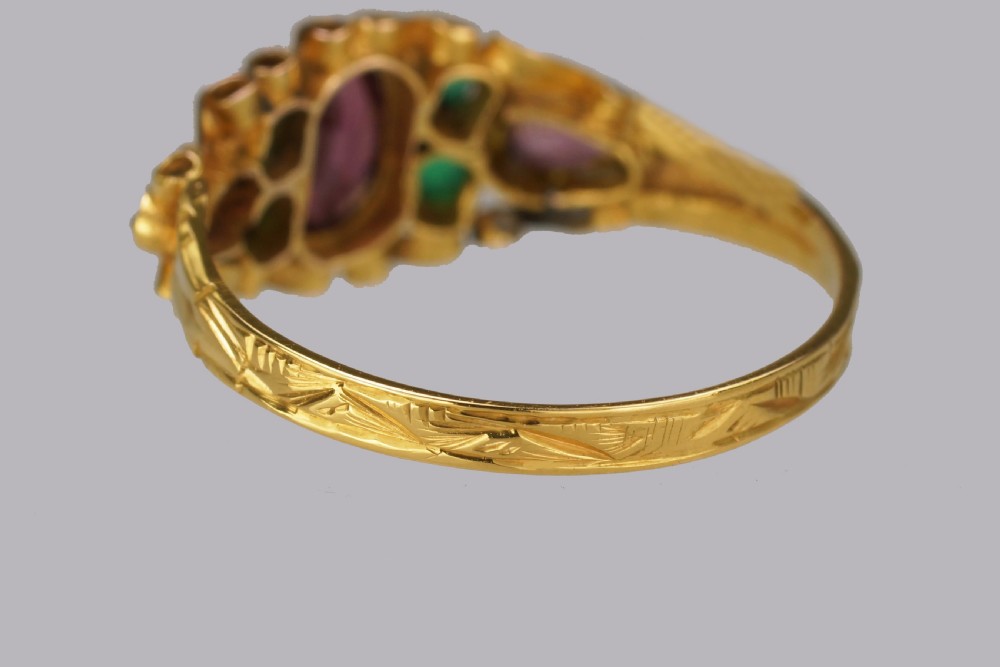 Victorian Garnet & Emerald English Ornate 12ct Gold Antique Ring Hallmarked 1873 View IX