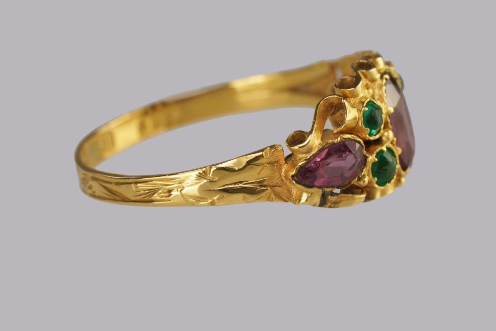 Victorian Garnet & Emerald English Ornate 12ct Gold Antique Ring Hallmarked 1873 View X