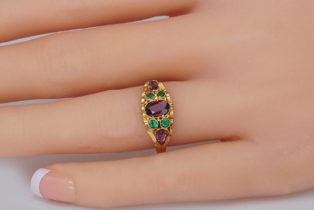 Victorian Garnet & Emerald English Ornate 12ct Gold Antique Ring Hallmarked 1873 View XI