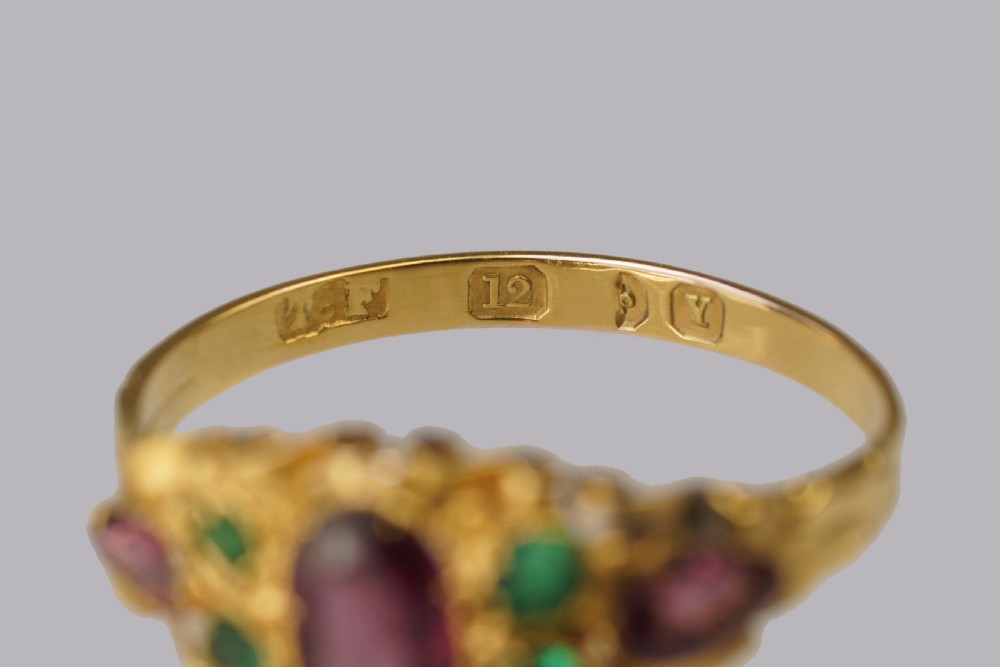 Victorian Garnet & Emerald English Ornate 12ct Gold Antique Ring Hallmarked 1873 View XII