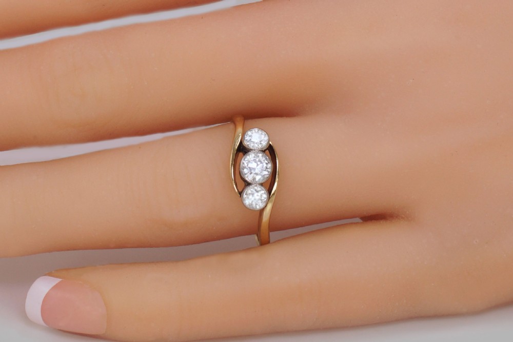 Art Deco Trilogy Ring Antique 0.90ct Old Cut Diamond 18ct Gold 1920's Twist Ring View VII