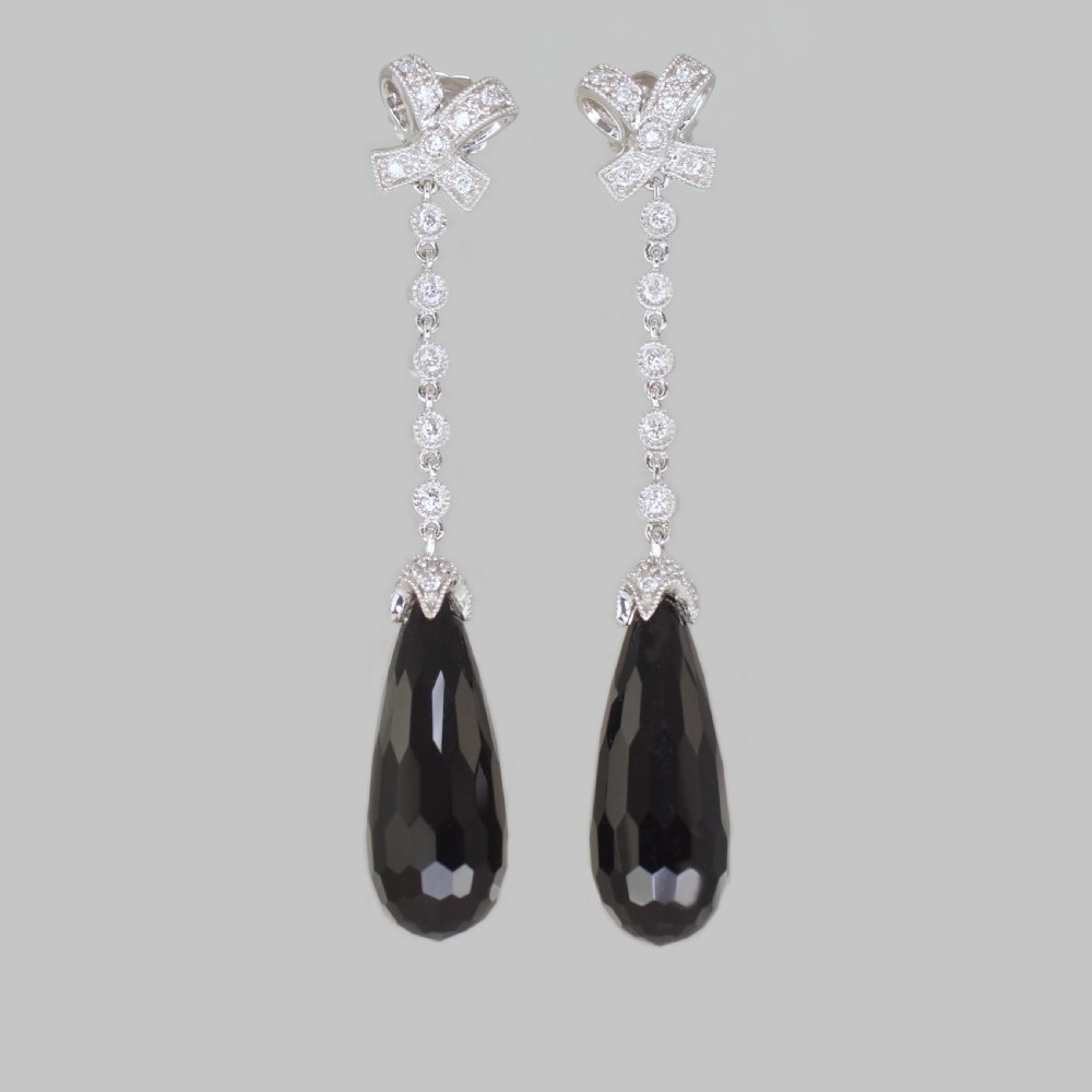 Vintage Diamond & Black Onyx Dangle Earrings 18ct Gold Edwardian Style Drop Earrings